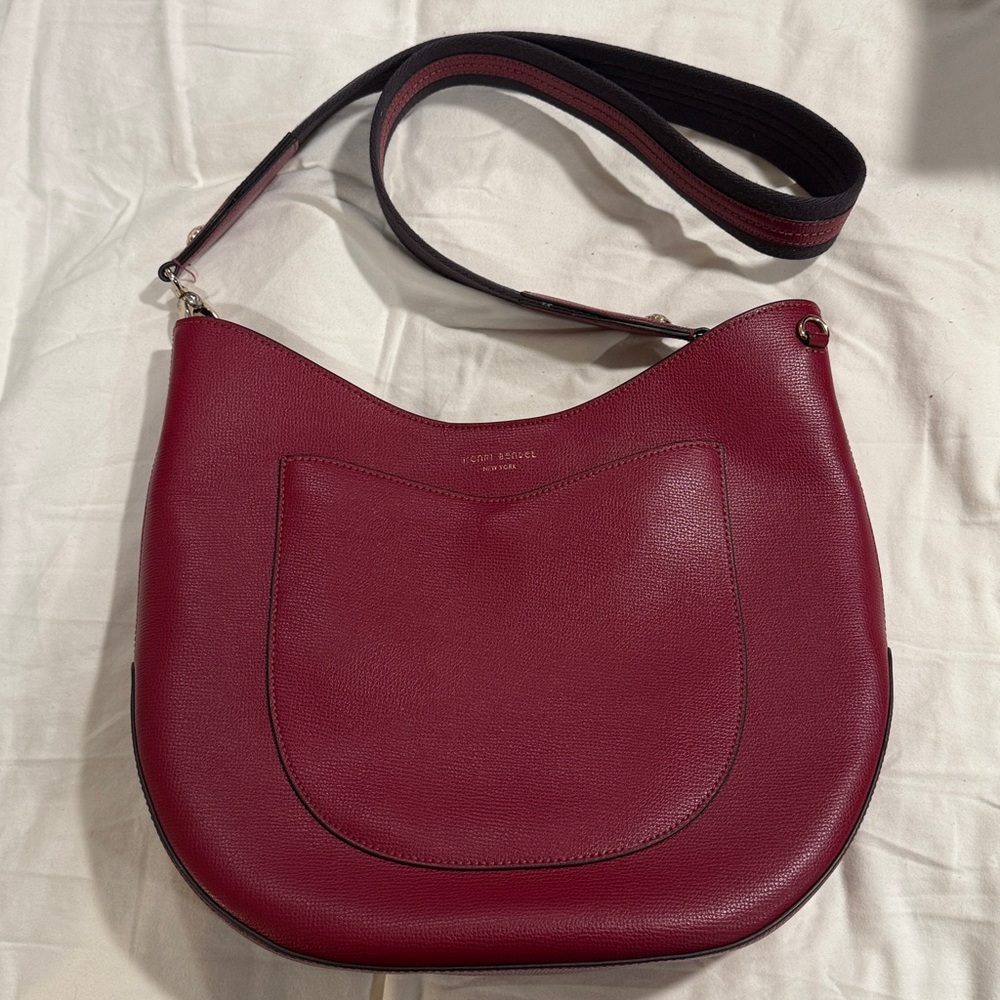 HENRI BENDEL W57TH Large Hobo Striped Guitar Strap Crossbody in Burgundy